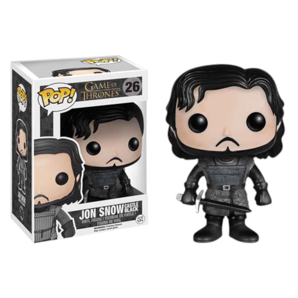 Funko Pop! Jon Snow Castle Black figure from Game of Thrones holding his sword with packaging on a white background