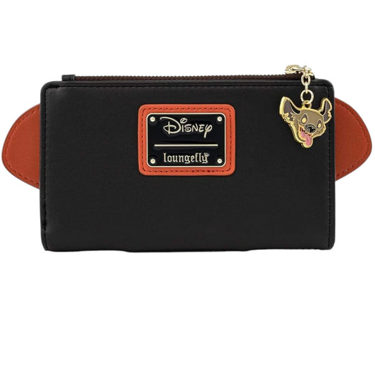 Black wallet with Disney Loungefly logo and hyena character zipper charm on a white background