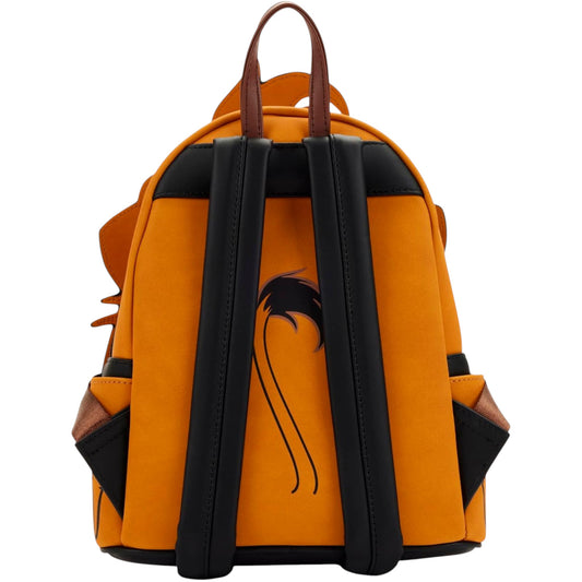 Orange backpack with black straps and a lion's tail design on a white background