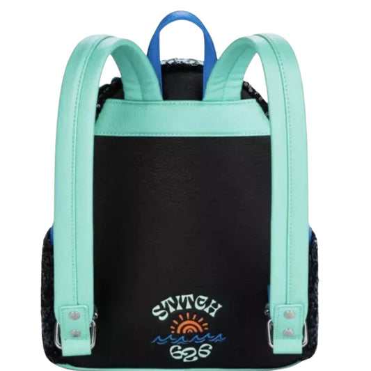 Backpack with teal straps and black back panel featuring 'Stitch 626' branding.