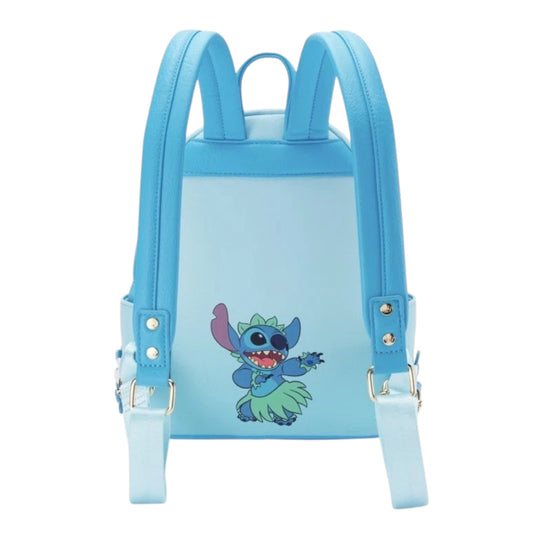 Blue backpack with Stitch in a hula skirt on a white background