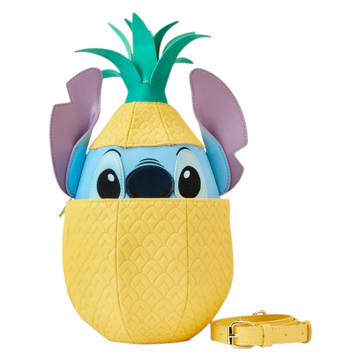 Pineapple-shaped Stitch Shoppe Disney Lilo and Stitch Figural Pineapple Crossbody Bag with a Stitch face character design on a white background