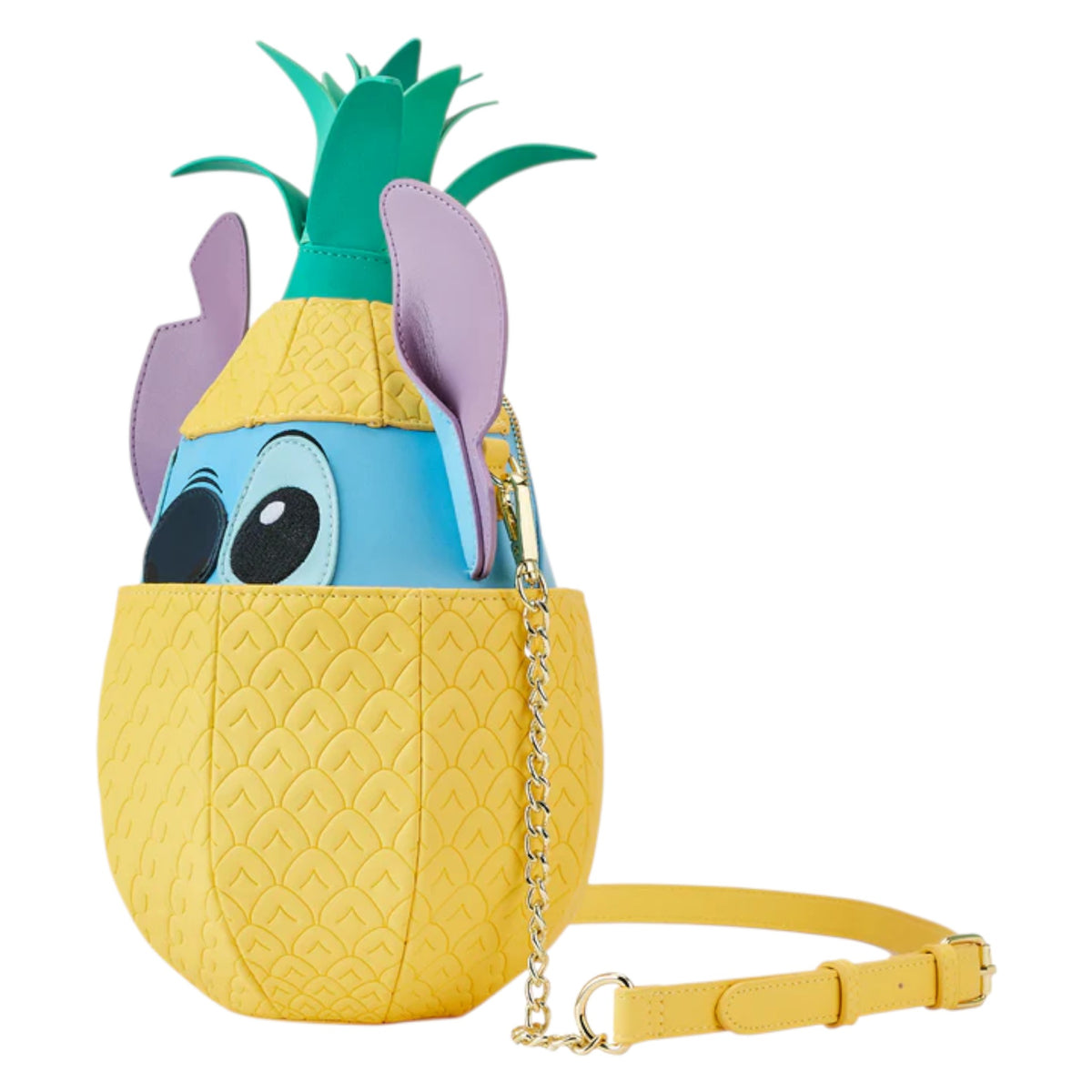 Pineapple-shaped Stitch Shoppe Disney Lilo and Stitch Figural Pineapple Crossbody Bag with a Stitch face character design on a white background