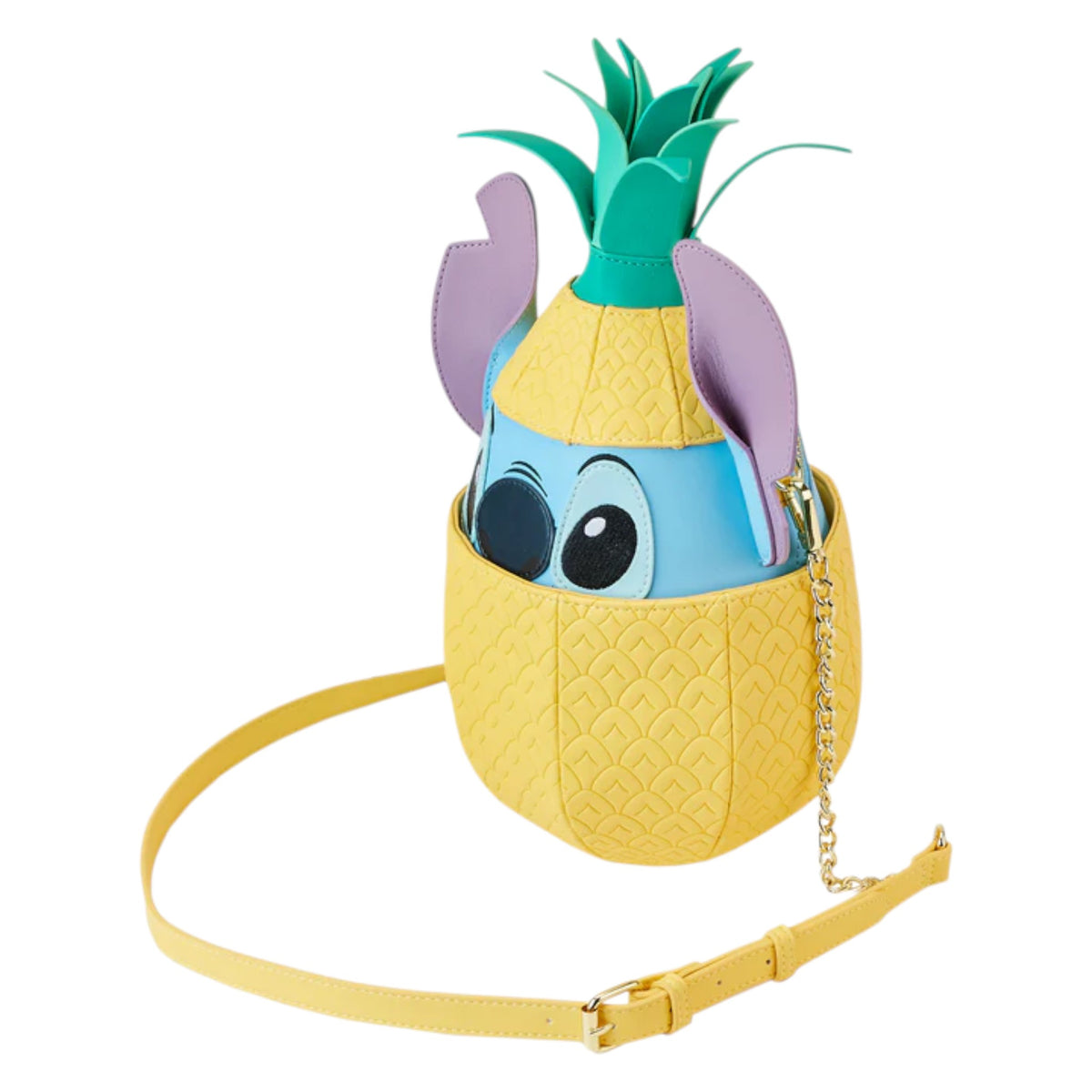 Pineapple-shaped Stitch Shoppe Disney Lilo and Stitch Figural Pineapple Crossbody Bag with a Stitch face character design on a white background