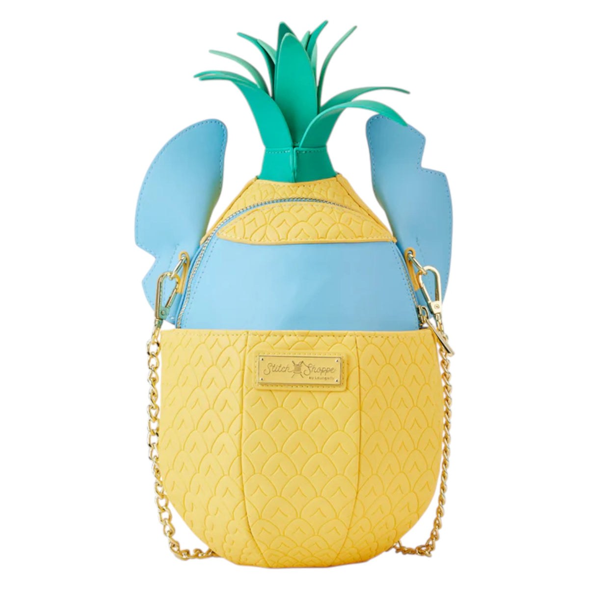 Back of Pineapple-shaped Stitch Shoppe Disney Lilo and Stitch Figural Pineapple Crossbody Bag with gold link strap on a white background