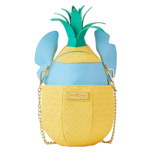 Back of Pineapple-shaped Stitch Shoppe Disney Lilo and Stitch Figural Pineapple Crossbody Bag with gold link strap on a white background