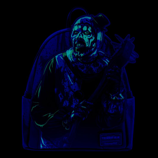Terrifier Art the Clown Blood Splatter Glow in the Dark Mini Backpack with horror-themed design featuring Art the Clown holding an weapon on a black background