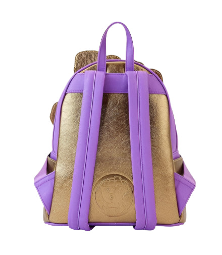 Gold backpack with purple straps on a white background