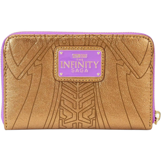 Metallic Thanos Gauntlet Wallet with 'The Infinity Saga' branding on a white background