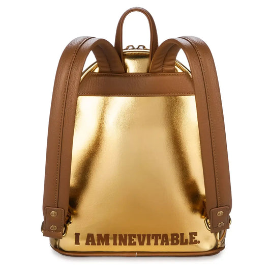 Gold backpack with brown straps and 'I AM INEVITABLE' text on a white background