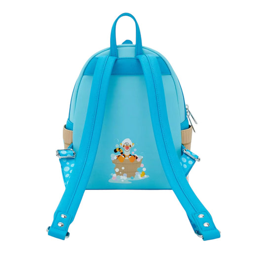 Blue backpack with Tigger character in the bathtub on a white background