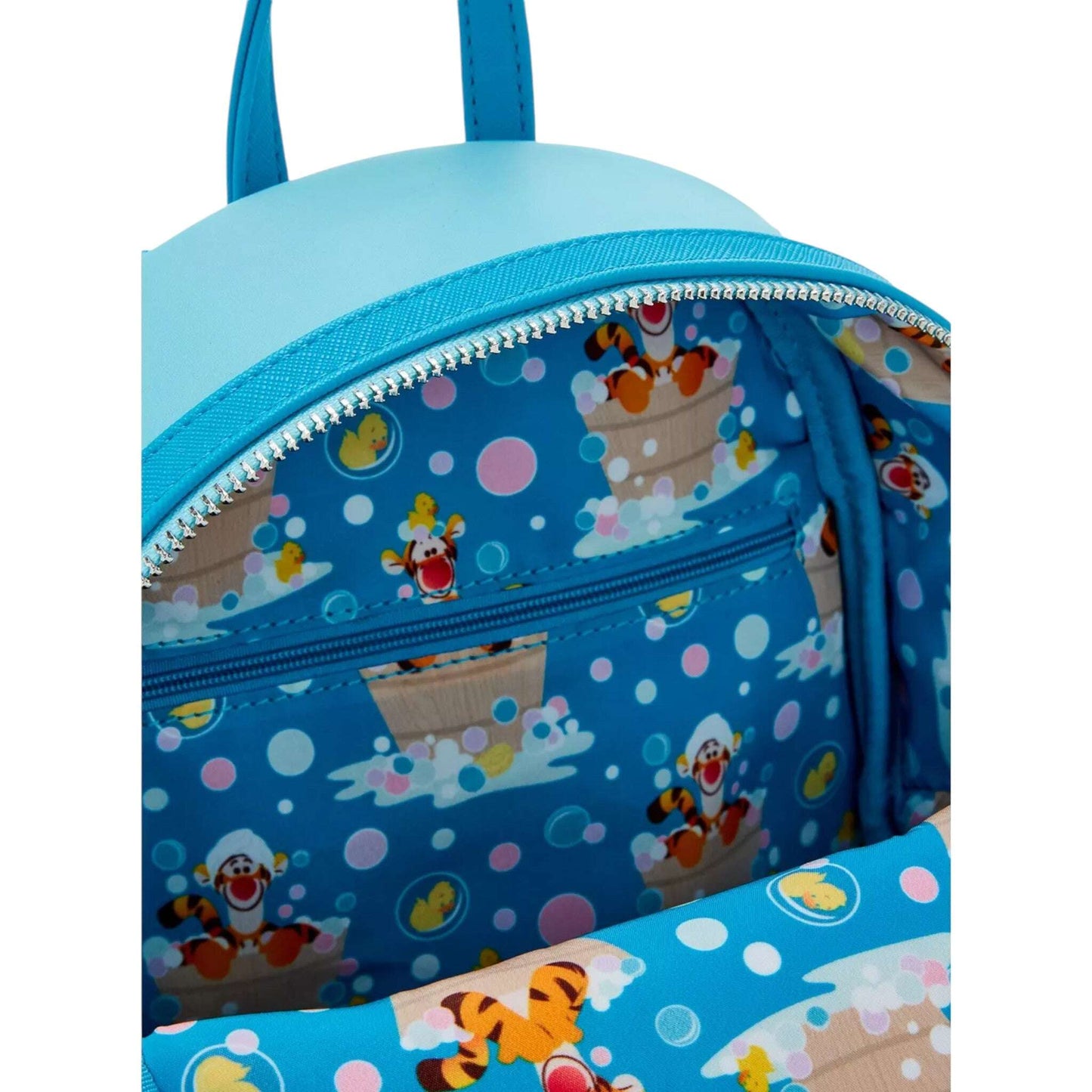Backpack with Tigger character in the bathtub pattern on a blue background
