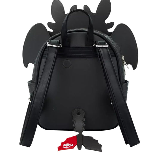 Black backpack with dragon wings and a tail on a white background