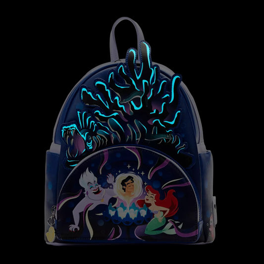 Backpack with ursula, ariel, and prince eric character design glowing on a black background