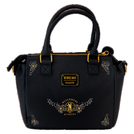 Black Wednesday Typewriter handbag with gold accents and 'Nevermore Academy' design on a white background