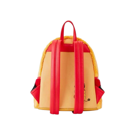 Backpack with red straps and a Winnie the Pooh design on a white background
