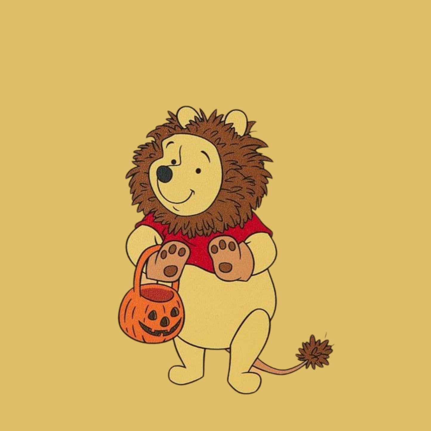 Winnie the Pooh character holding a Halloween pumpkin bucket on a beige background