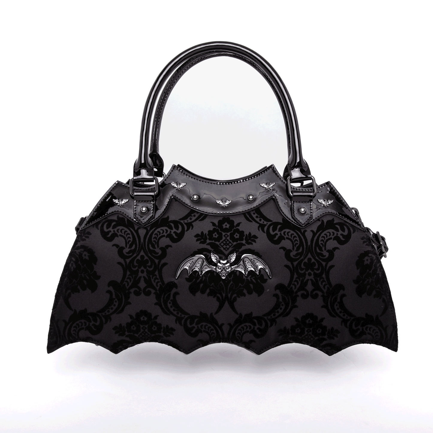 Black bat shaped bag on a white background