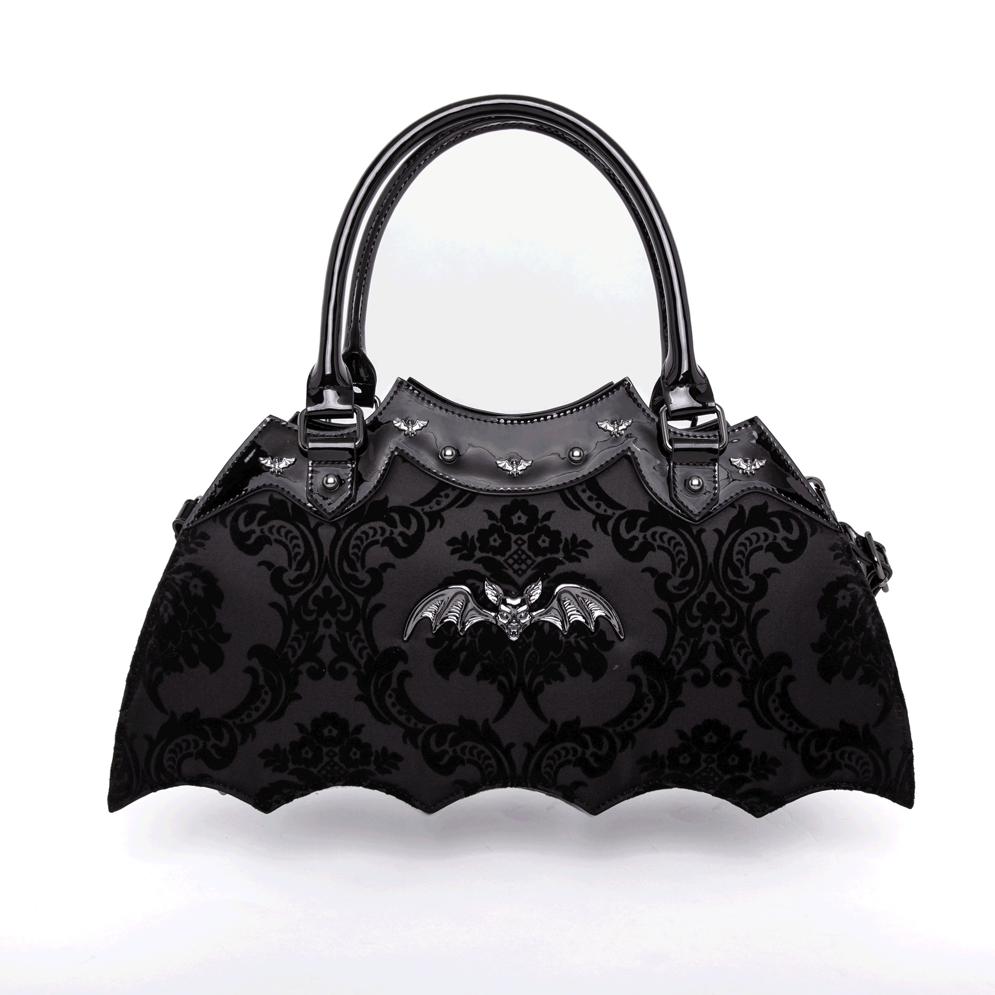 Black bat shaped bag on a white background