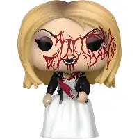 Funko Pop! vinyl figure of Chucky Tiffany bloody holding a knife wearing a white dress on a white background.