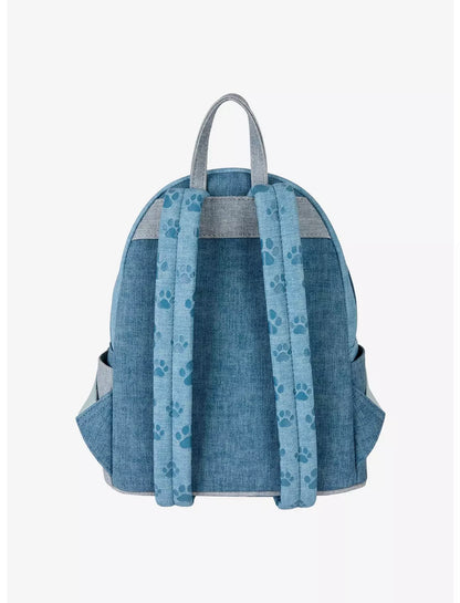 Blue backpack with paw print pattern on a white background