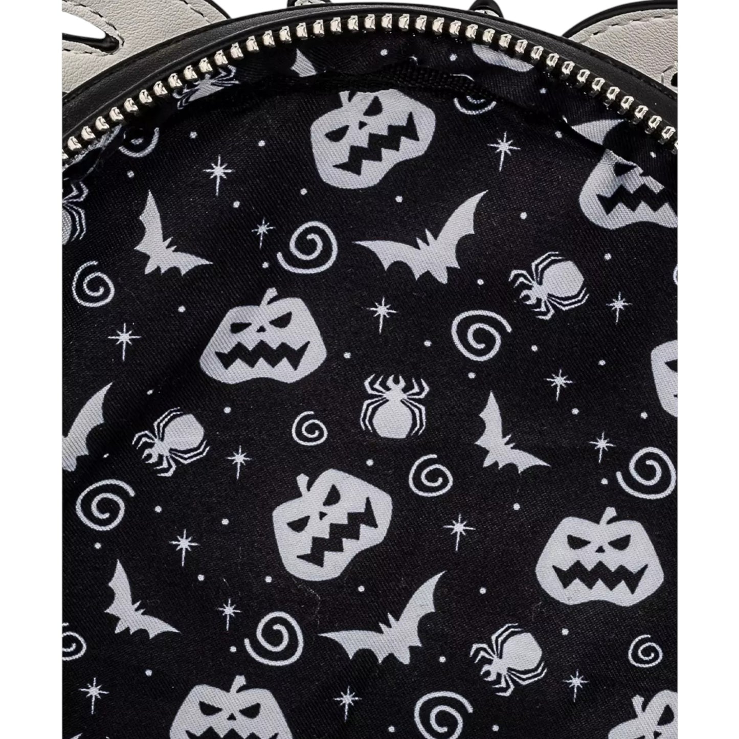 Black pouch with white NBC-themed patterns including pumpkins, bats, and spiders.