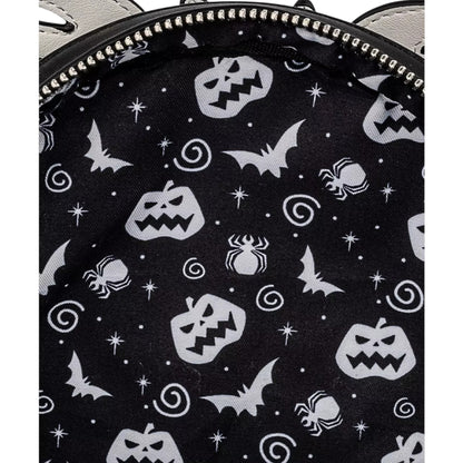 Black pouch with white NBC-themed patterns including pumpkins, bats, and spiders.