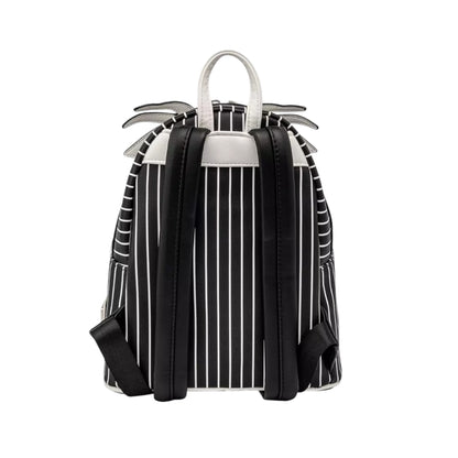 Black and white striped backpack with skeleton design on a white background