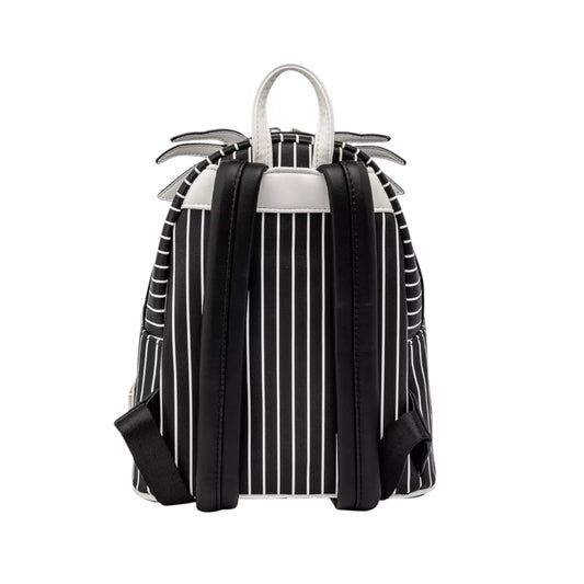 Black and white striped backpack with skeleton design on a white background