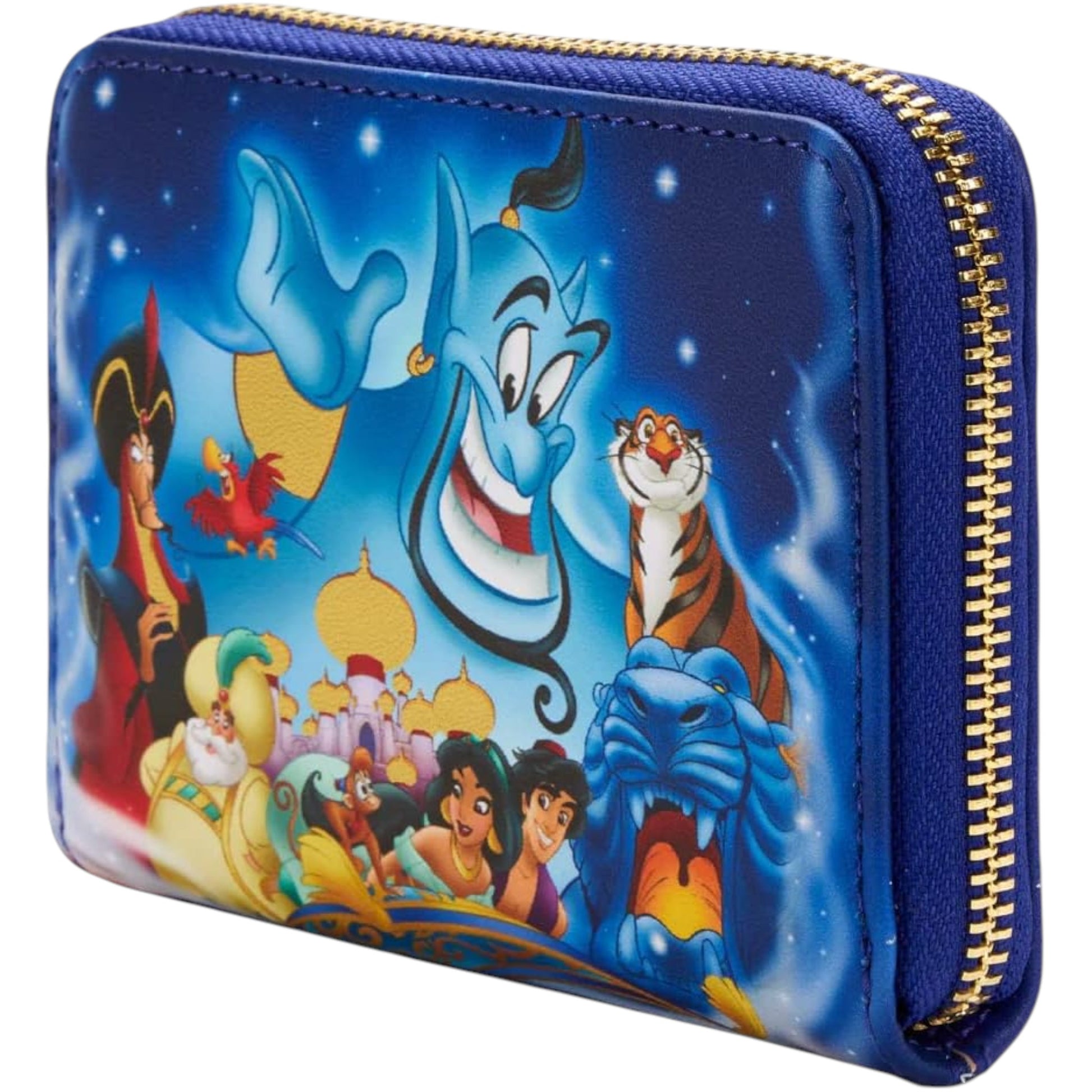 Aladdin and friends character-themed wallet with blue zipper on a white background