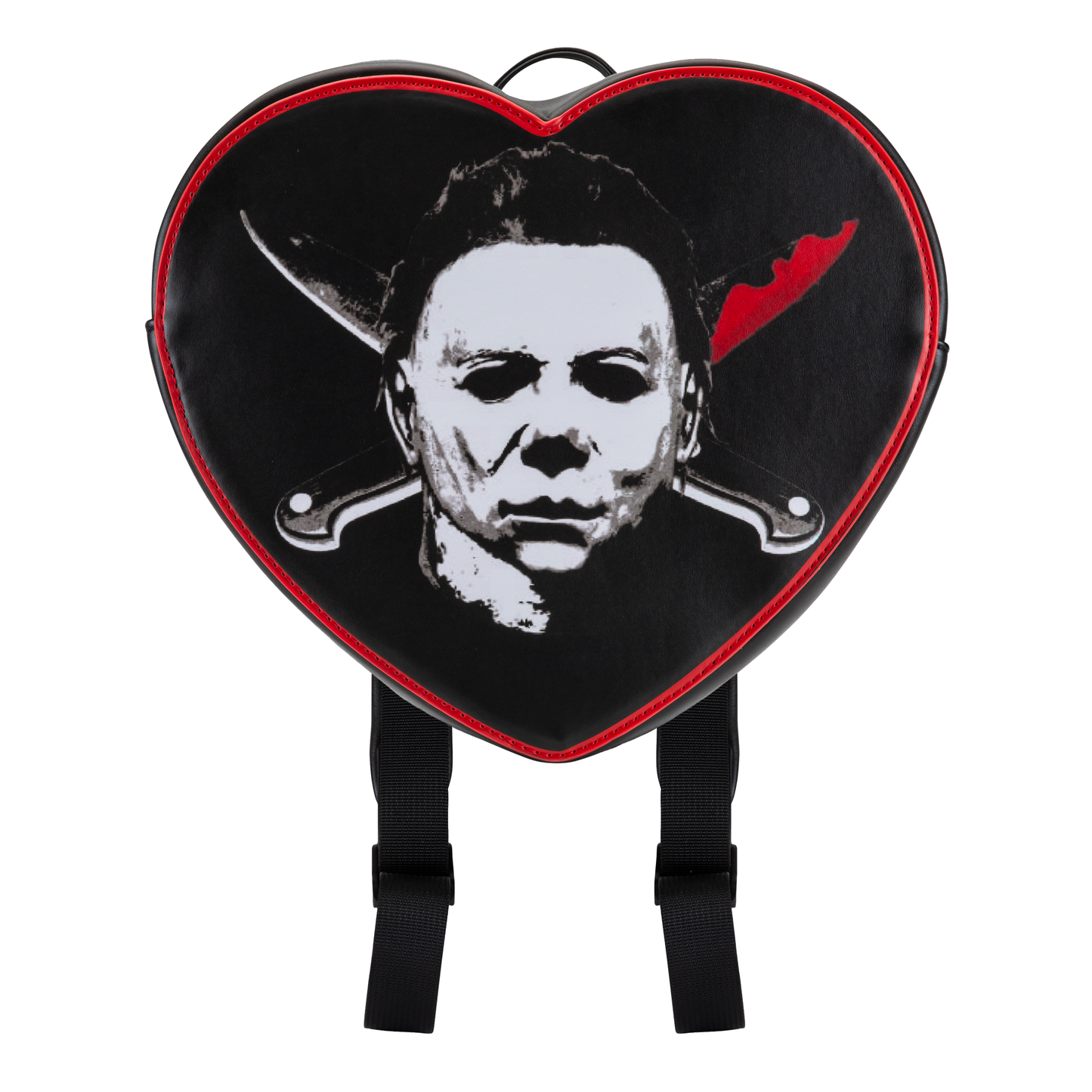Michael Myers backpack with two knives in an X shape on red and black heart shaped backpack on a white background. 