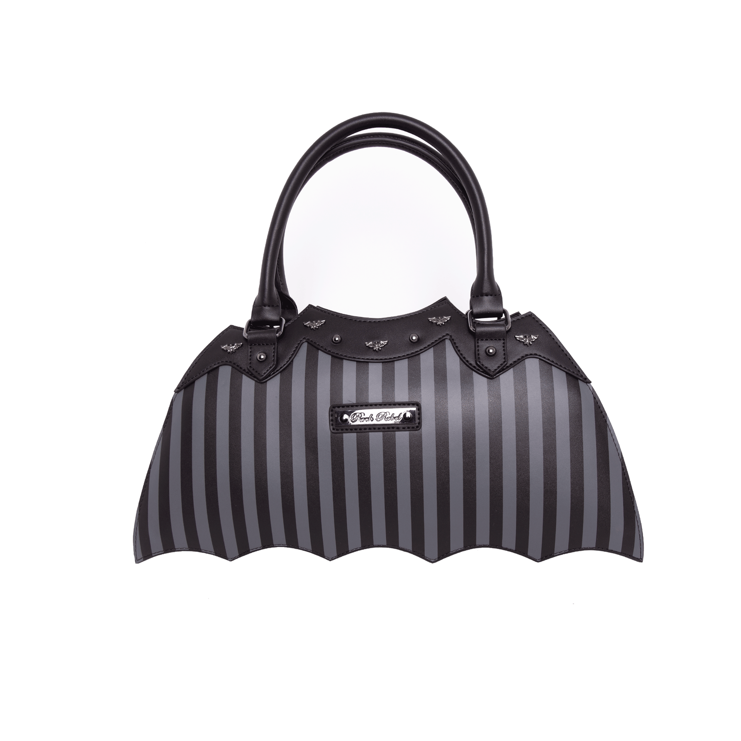 Back of pinstripe bat shaped bag with metal Rock Rebel Logo on a white background