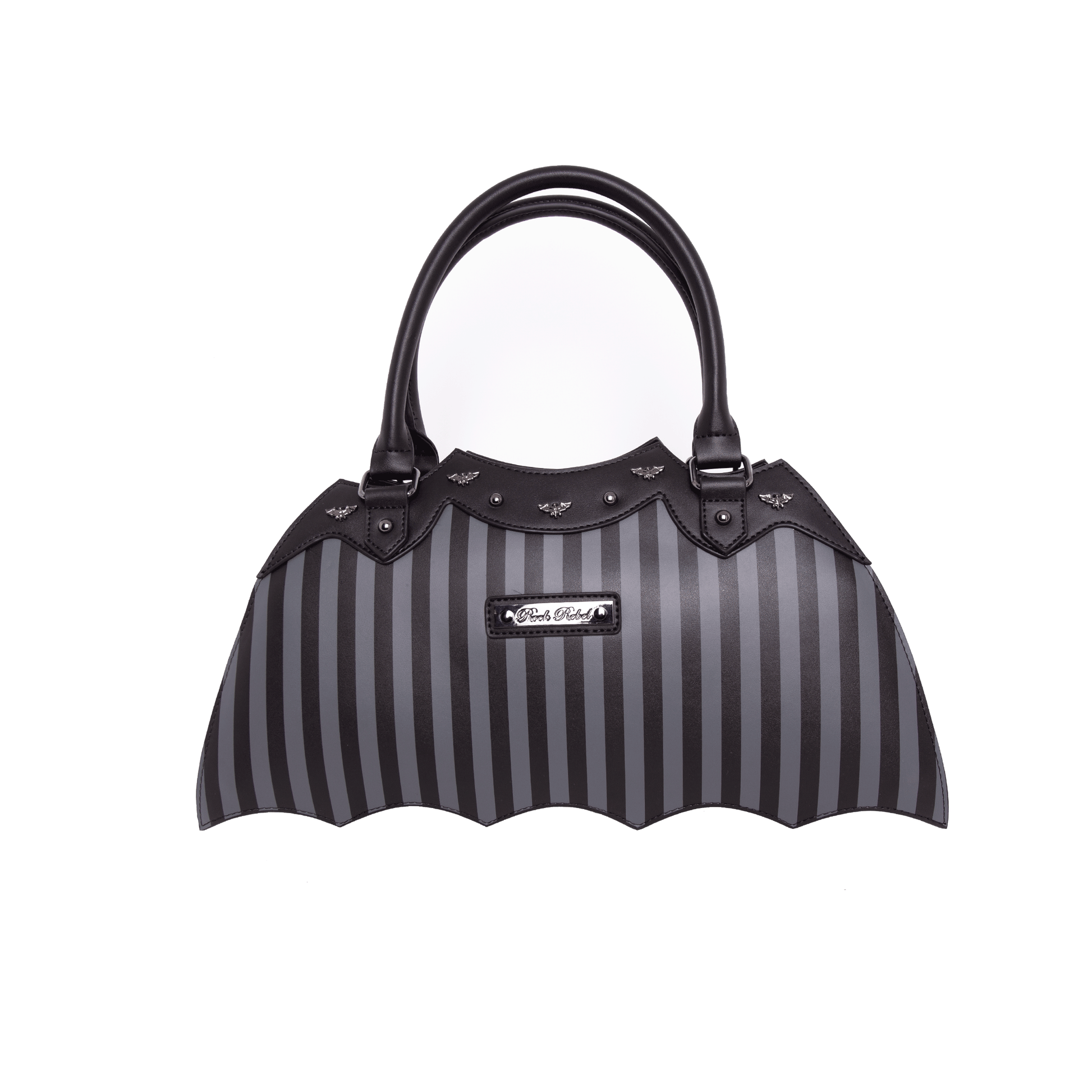 Back of pinstripe bat shaped bag with metal Rock Rebel Logo on a white background