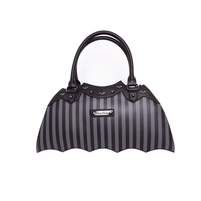 Back of pinstripe bat shaped bag with metal Rock Rebel Logo on a white background