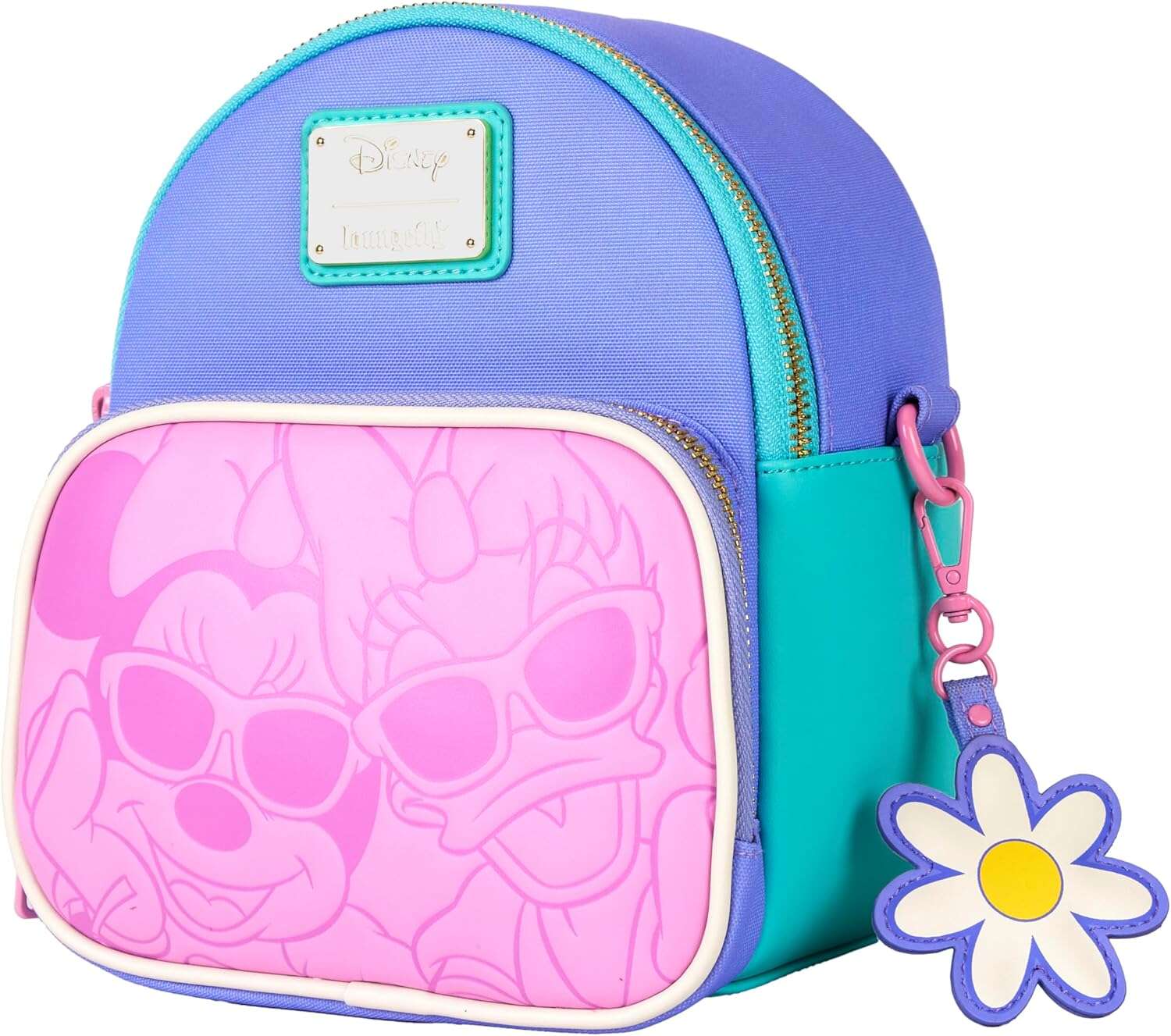 Colorful backpack with Minnie Mouse and Daisy Duck and flower charm on a white background slanted to the side