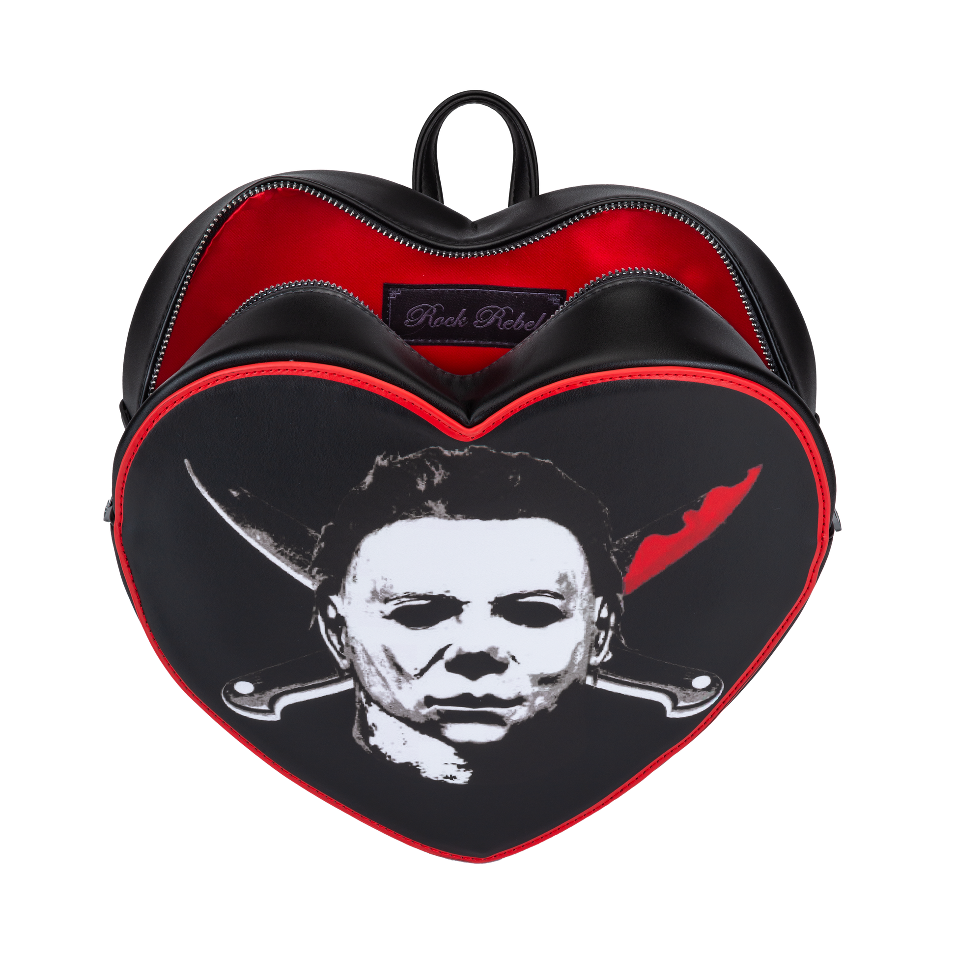 Heart shaped Michael Myers backpack open with red lining and Rock Rebel logo on a white background. 