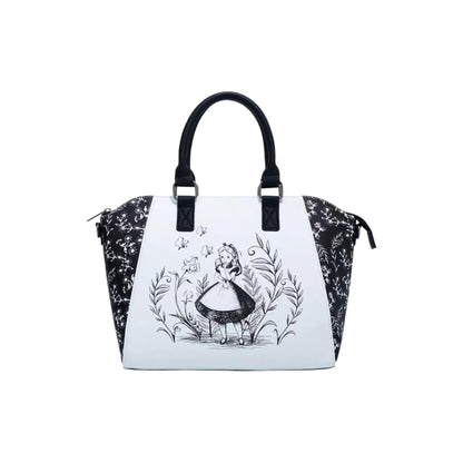  Alice In Wonderland Black & White Satchel Bag with black and white Alice design on a white background