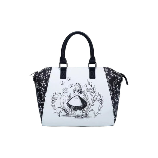  Alice In Wonderland Black & White Satchel Bag with black and white Alice design on a white background