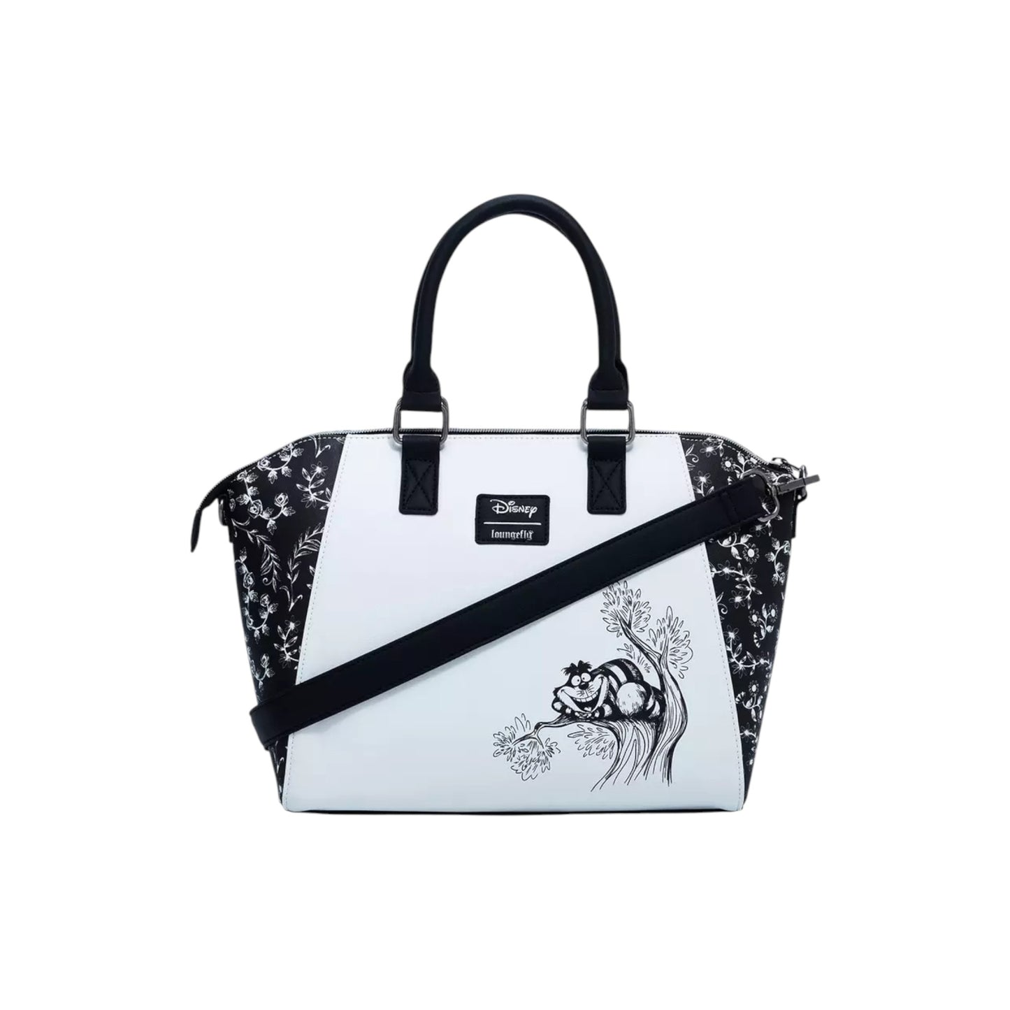  Alice In Wonderland Black & White Satchel Bag with black floral pattern and white front panel featuring gnCheshire Cat desi, on a white background.
