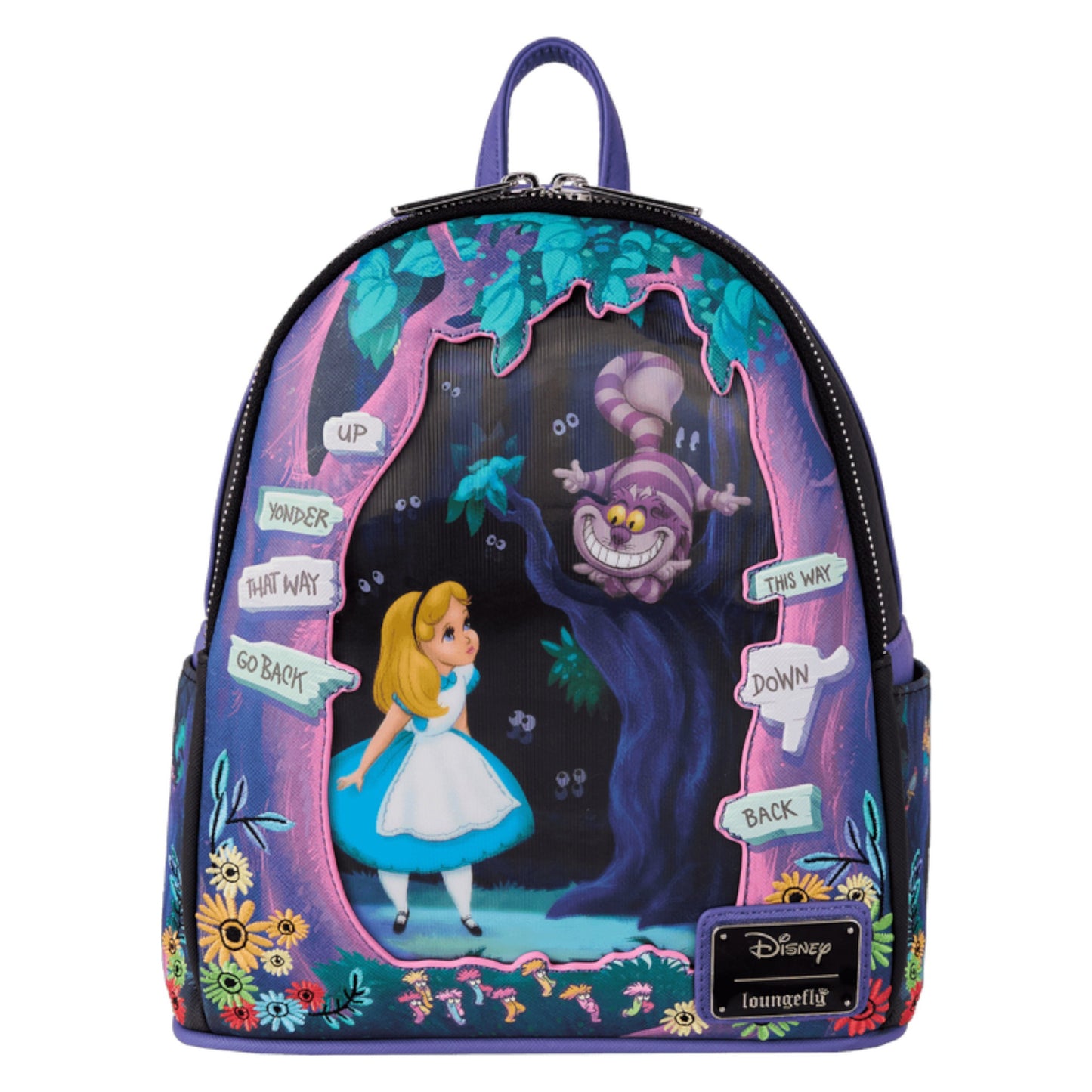 Backpack with Alice in Wonderland Tulgey Wood design featuring Alice and the Cheshire Cat.