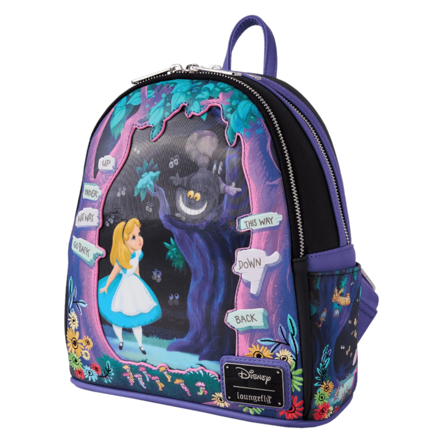 Backpack with Alice in Wonderland Tulgey Wood design featuring a cartoon character and colorful graphics.