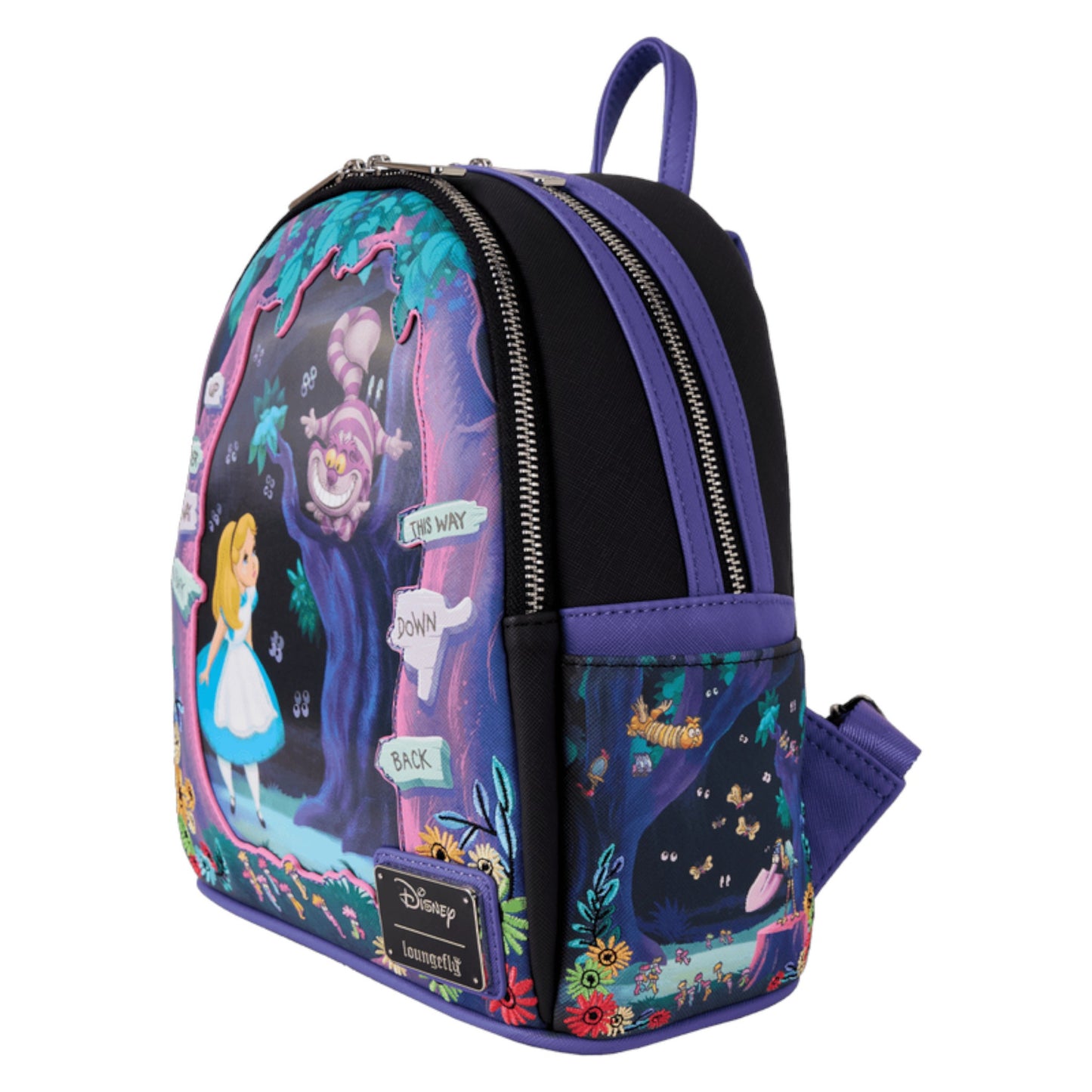Backpack with Alice in Wonderland Tulgey Wood design on a white background