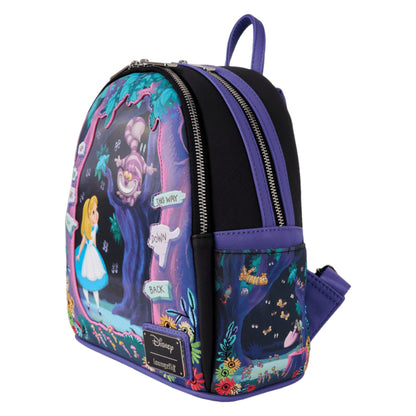 Backpack with Alice in Wonderland Tulgey Wood design on a white background