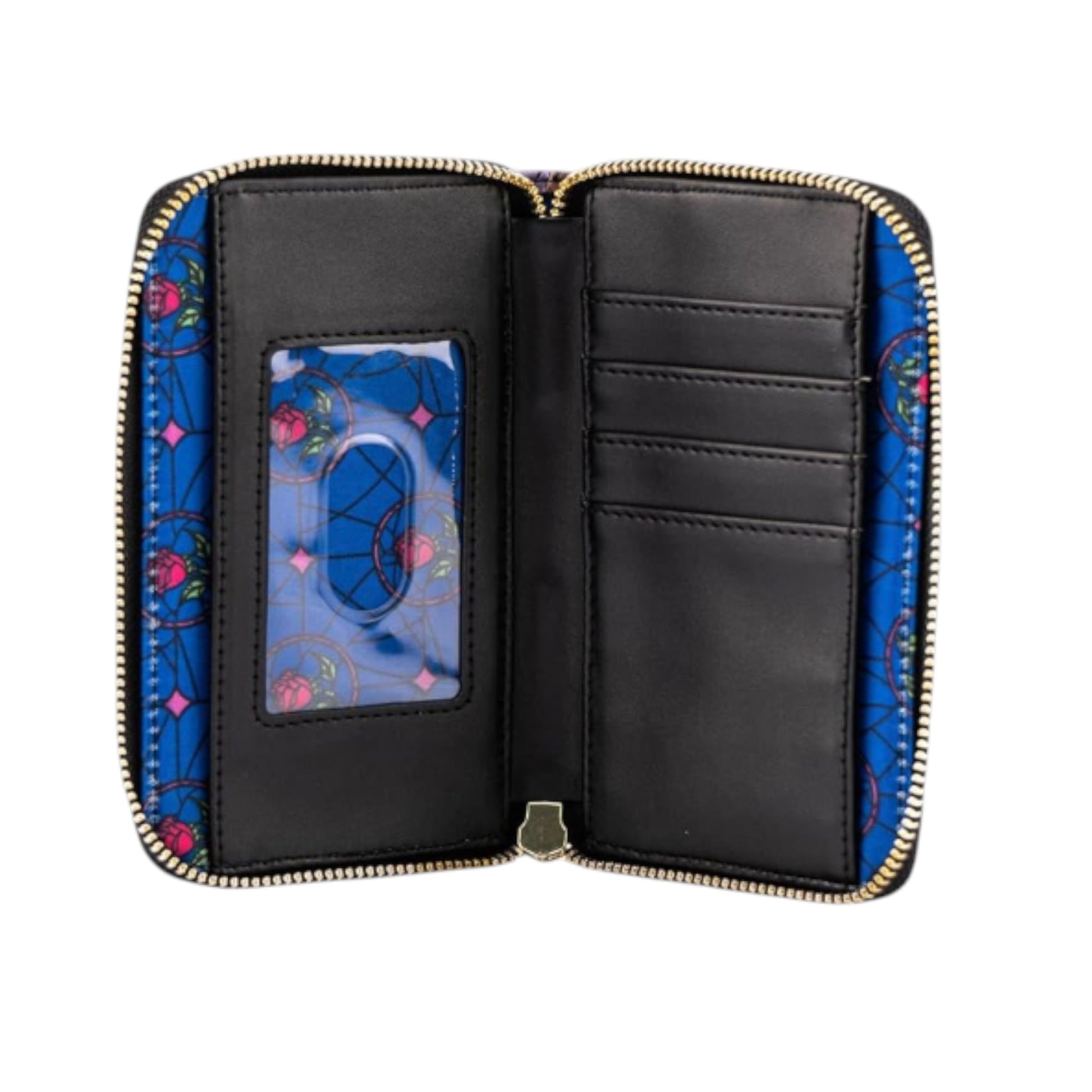 Black wallet with blue rose patterned interior on a white background