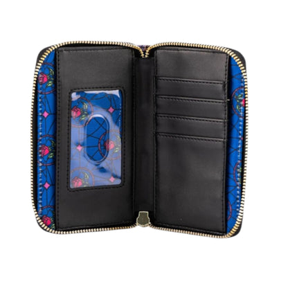 Black wallet with blue rose patterned interior on a white background
