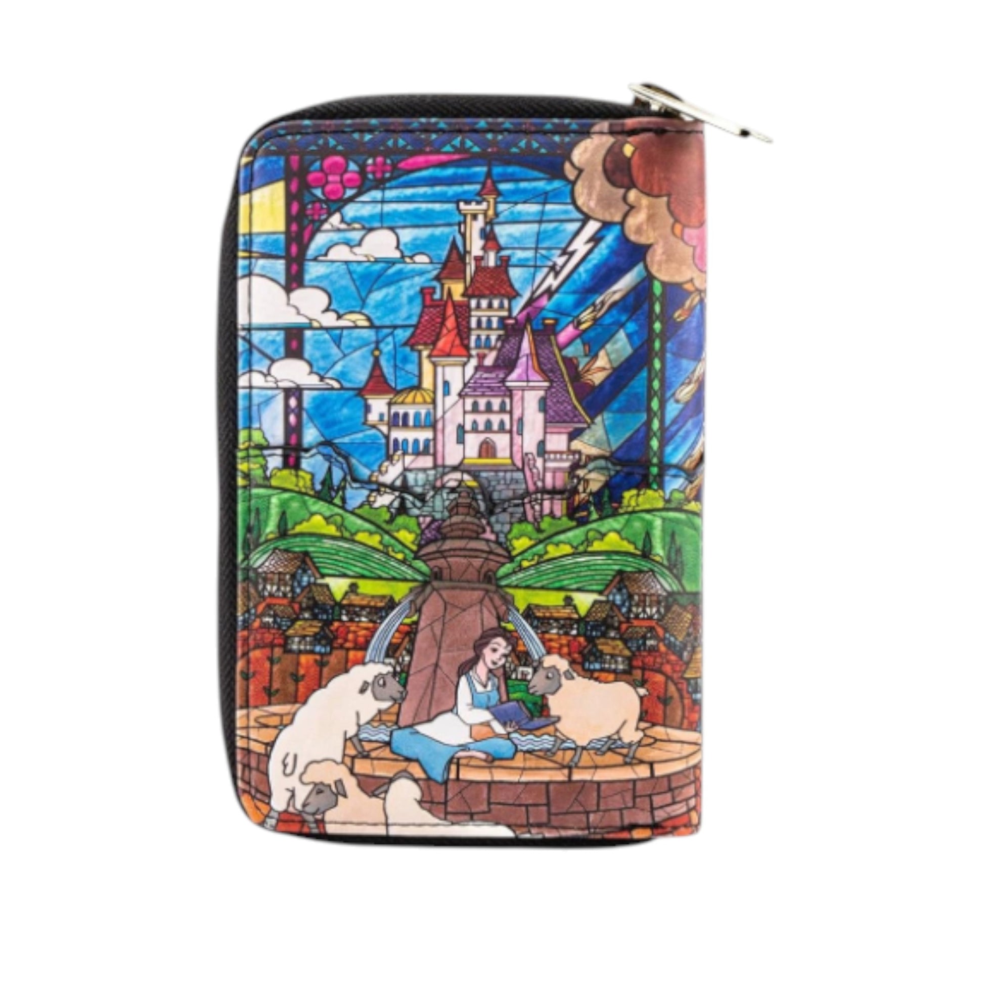 Princess Castle Series Belle wallet with stained glass design featuring a castle and characters on a white background