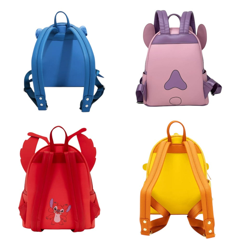 Four colorful backpacks in blue, pink, red, and yellow on a white background