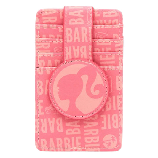 A pink card holder wallet featuring an all-over Barbie logo pattern and a circular front patch with the Barbie silhouette logo, shown on a plain white background.