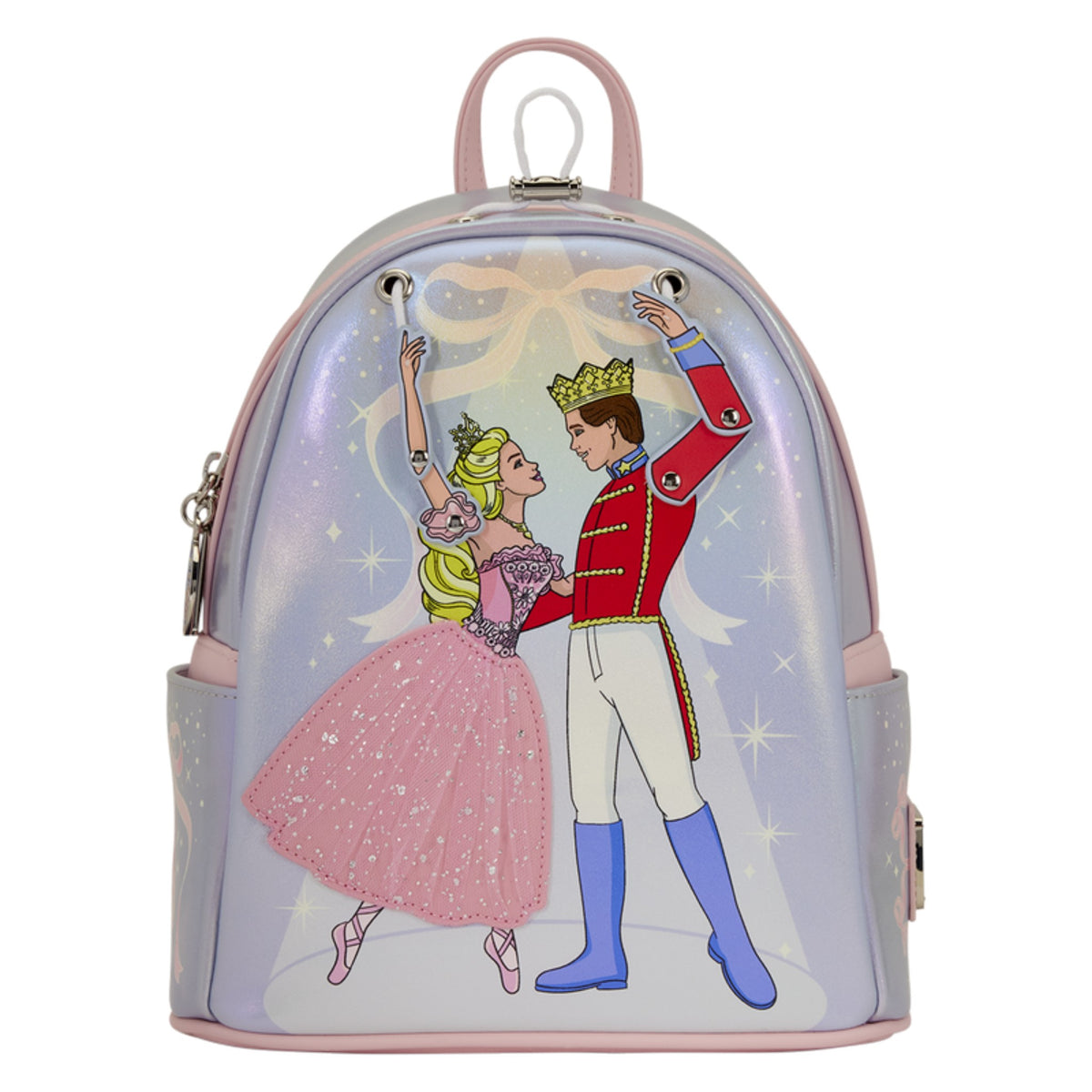 A small iridescent backpack featuring a printed illustration of a princess in a pink gown and a prince in a red uniform, with pink trim and silver-tone hardware on a white background.