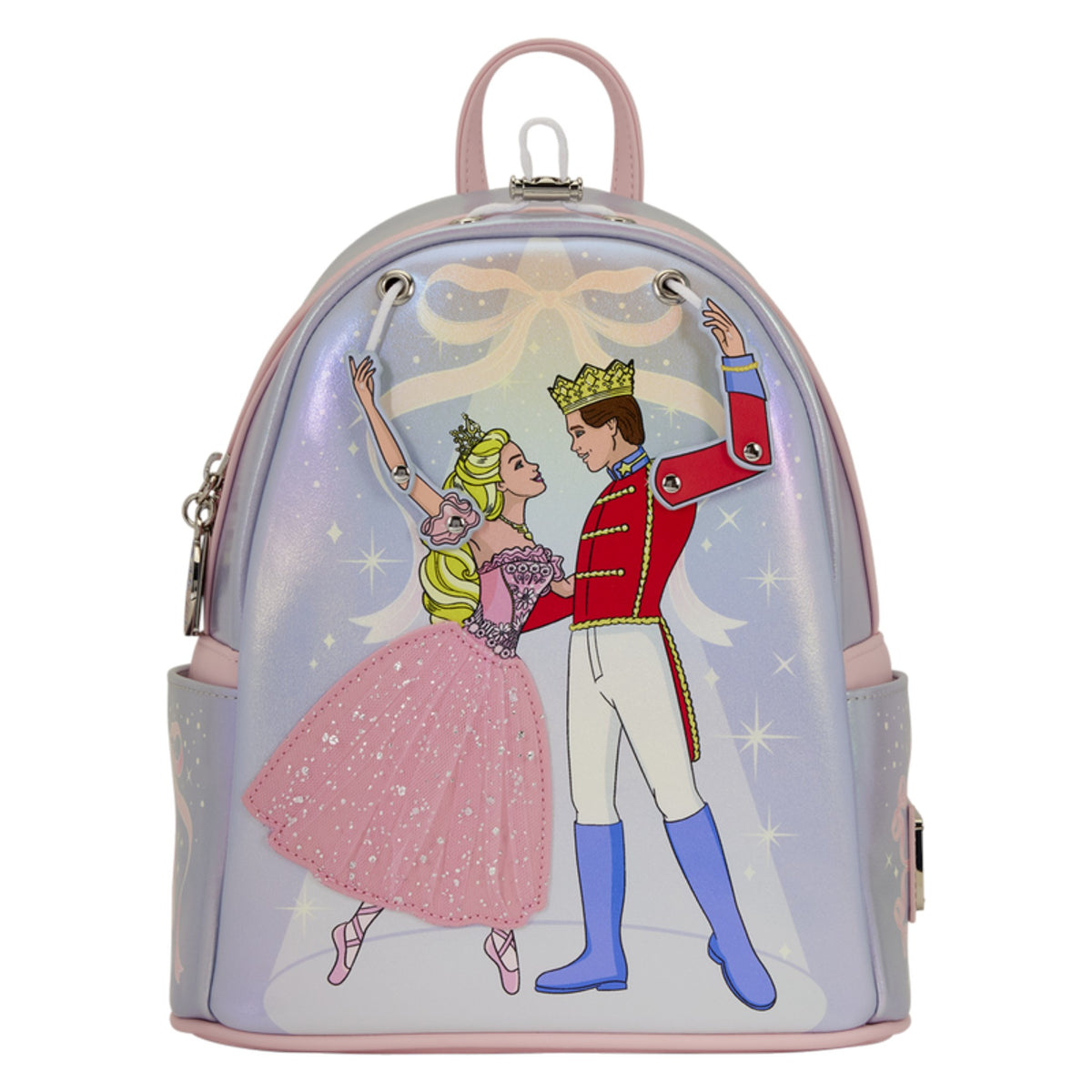 A small backpack with a holographic lavender body, pink trim, and a printed illustration of a ballerina woman in a pink gown and a prince in a red military uniform dancing together.